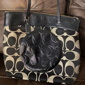Coach Black and Cream Tote with logo all over bag